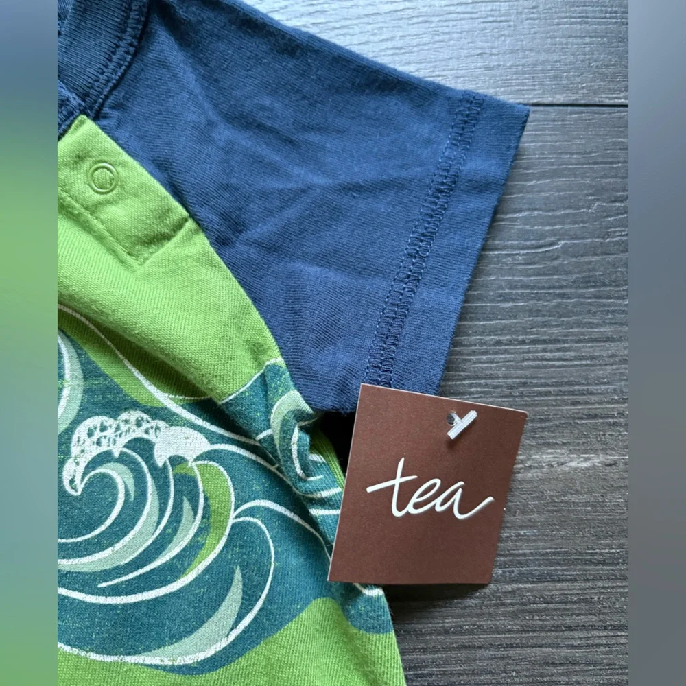 Tea Collection Infant Boys Green Blue Short Sleeve One Piece Size 0-3 Months NWT